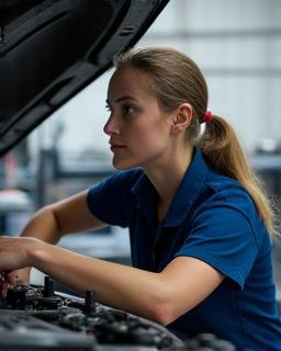 Sophia Clark, ASE certified technician, working on car engine
