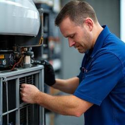 Technician repairing automotive air conditioning unit