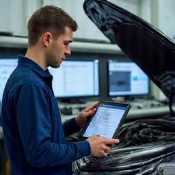 Mechanic performing computer diagnostics on vehicle